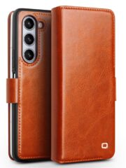 QIALINO for Samsung Galaxy Z Fold5 Wallet Case Waxy Genuine Cow Leather Flip Phone Cover Light Brown Samsung Galaxy Z Fold5 by The Case Factory