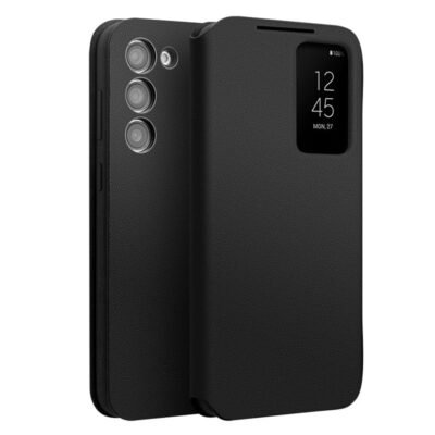 QIALINO For Samsung Galaxy S23 Case Smart View Window Genuine Cowhide Leather Flip Cover Black Samsung Galaxy S23 by The Case Factory