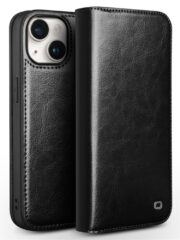 QIALINO For iPhone 15 Case Genuine Leather Folio Wallet Phone Cover Black iPhone 15 by The Case Factory