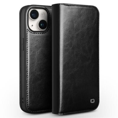 QIALINO For iPhone 15 Case Genuine Leather Folio Wallet Phone Cover Black iPhone 15 by The Case Factory