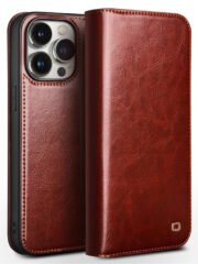 QIALINO For iPhone 15 Pro Genuine Leather Flip Case Full Protection Wallet Cover Brown iPhone 15 Pro by The Case Factory