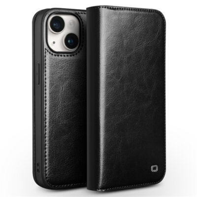 QIALINO For iPhone 15 Plus Case Anti-Drop Genuine Leather Stand Wallet Flip Phone Cover Black iPhone 15 Plus by The Case Factory