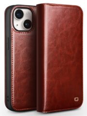 QIALINO For iPhone 15 Plus Case Anti-Drop Genuine Leather Stand Wallet Flip Phone Cover Brown iPhone 15 Plus by The Case Factory