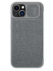 NILLKIN Qin Pro Series Shockproof Case for iPhone 15 Plus Card Holder PU Leather Flip Cover with Sliding Lens Guard Grey iPhone 15 Plus by The Case Factory