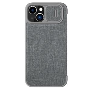NILLKIN Qin Pro Series Shockproof Case for iPhone 15 Plus Card Holder PU Leather Flip Cover with Sliding Lens Guard Grey iPhone 15 Plus by The Case Factory
