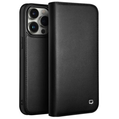 QIALINO For iPhone 15 Pro Max Case Folio Flip Genuine Cow Leather Phone Stand Cover Black iPhone 15 Pro Max by The Case Factory