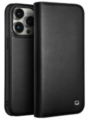 QIALINO For iPhone 15 Pro Case Drop-Proof Genuine Cow Leather Phone Stand Cover Black iPhone 15 Pro by The Case Factory