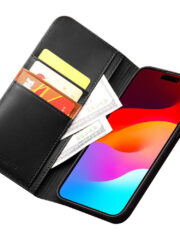 QIALINO For iPhone 15 Pro Case Drop-Proof Genuine Cow Leather Phone Stand Cover by The Case Factory