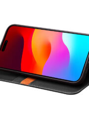 QIALINO For iPhone 15 Pro Case Drop-Proof Genuine Cow Leather Phone Stand Cover by The Case Factory