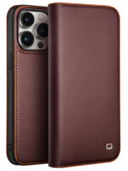 QIALINO For iPhone 15 Pro Case Drop-Proof Genuine Cow Leather Phone Stand Cover Brown iPhone 15 Pro by The Case Factory
