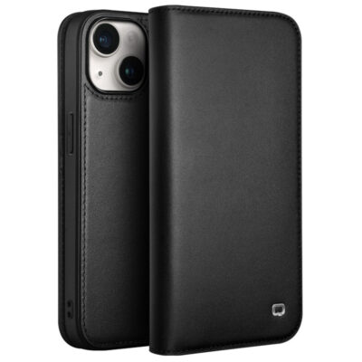 QIALINO For iPhone 15 Plus Case Phone Wallet Genuine Cow Leather Folio Flip Cover Black iPhone 15 Plus by The Case Factory