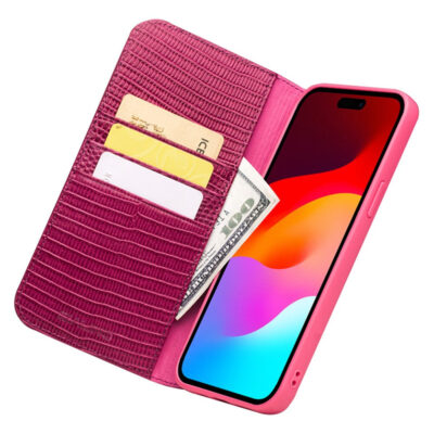 QIALINO For iPhone 15 Pro Max Genuine Cow Leather Phone Cover Crocodile Texture Stand Wallet Case by The Case Factory