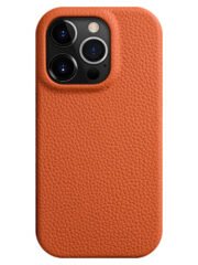 MELKCO For iPhone 15 Pro Case Full-Wrap Genuine Cow Leather Premium Phone Cover | Compatible with MagSafe Orange iPhone 15 Pro by The Case Factory