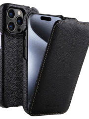 MELKCO For iPhone 15 Pro Max Flip Case Genuine Cow Leather Vertical Phone Cover Black iPhone 15 Pro Max by The Case Factory