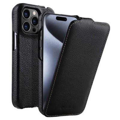 MELKCO For iPhone 15 Pro Max Flip Case Genuine Cow Leather Vertical Phone Cover Black iPhone 15 Pro Max by The Case Factory