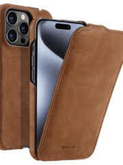 MELKCO For iPhone 15 Pro Max Flip Case Genuine Cow Leather Vertical Phone Cover Brown iPhone 15 Pro Max by The Case Factory