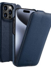 MELKCO For iPhone 15 Pro Max Flip Case Genuine Cow Leather Vertical Phone Cover Dark Blue iPhone 15 Pro Max by The Case Factory