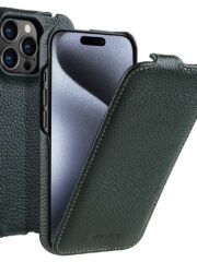 MELKCO For iPhone 15 Pro Max Flip Case Genuine Cow Leather Vertical Phone Cover Dark Green iPhone 15 Pro Max by The Case Factory