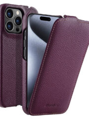 MELKCO For iPhone 15 Pro Max Flip Case Genuine Cow Leather Vertical Phone Cover Purple iPhone 15 Pro Max by The Case Factory