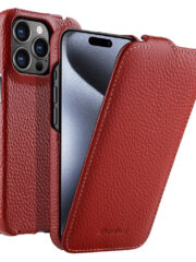 MELKCO For iPhone 15 Pro Max Flip Case Genuine Cow Leather Vertical Phone Cover Red iPhone 15 Pro Max by The Case Factory