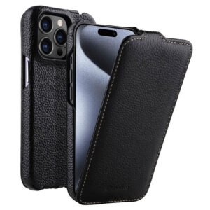 MELKCO For iPhone 15 Pro Flip Case Genuine Cow Leather Vertical Phone Cover Black iPhone 15 Pro by The Case Factory