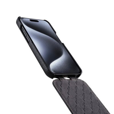 MELKCO For iPhone 15 Pro Flip Case Genuine Cow Leather Vertical Phone Cover by The Case Factory
