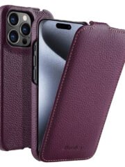 MELKCO For iPhone 15 Pro Flip Case Genuine Cow Leather Vertical Phone Cover Purple iPhone 15 Pro by The Case Factory