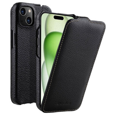 MELKCO For iPhone 15 Flip Case Genuine Cow Leather Vertical Phone Cover Black iPhone 15 by The Case Factory
