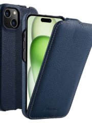 MELKCO For iPhone 15 Flip Case Genuine Cow Leather Vertical Phone Cover Dark Blue iPhone 15 by The Case Factory