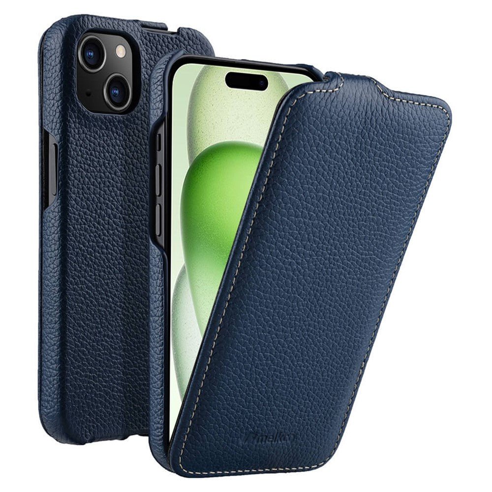 MELKCO For iPhone 15 Flip Case Genuine Cow Leather Vertical Phone Cover Dark Blue iPhone 15 by The Case Factory