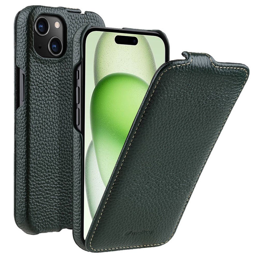 MELKCO For iPhone 15 Flip Case Genuine Cow Leather Vertical Phone Cover Dark Green iPhone 15 by The Case Factory