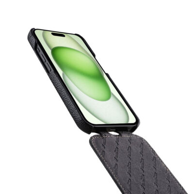 MELKCO For iPhone 15 Plus Flip Case Genuine Cow Leather Vertical Phone Cover by The Case Factory