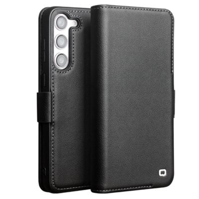QIALINO For Samsung Galaxy S23 Wallet Case Genuine Cow Leather Magnetic Closure Flip Phone Cover Black Samsung Galaxy S23 by The Case Factory