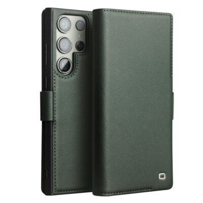 QIALINO For Samsung Galaxy S23 Ultra Wallet Case Genuine Cow Leather Magnetic Closure Flip Phone Cover Green Samsung Galaxy S23 Ultra by The Case Factory