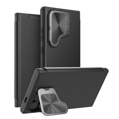NILLKIN Qin Prop Series for Samsung Galaxy S24 Leather Case Lens Protection Kickstand Phone Cover Litchi Texture Black Samsung Galaxy S24 by The Case Factory