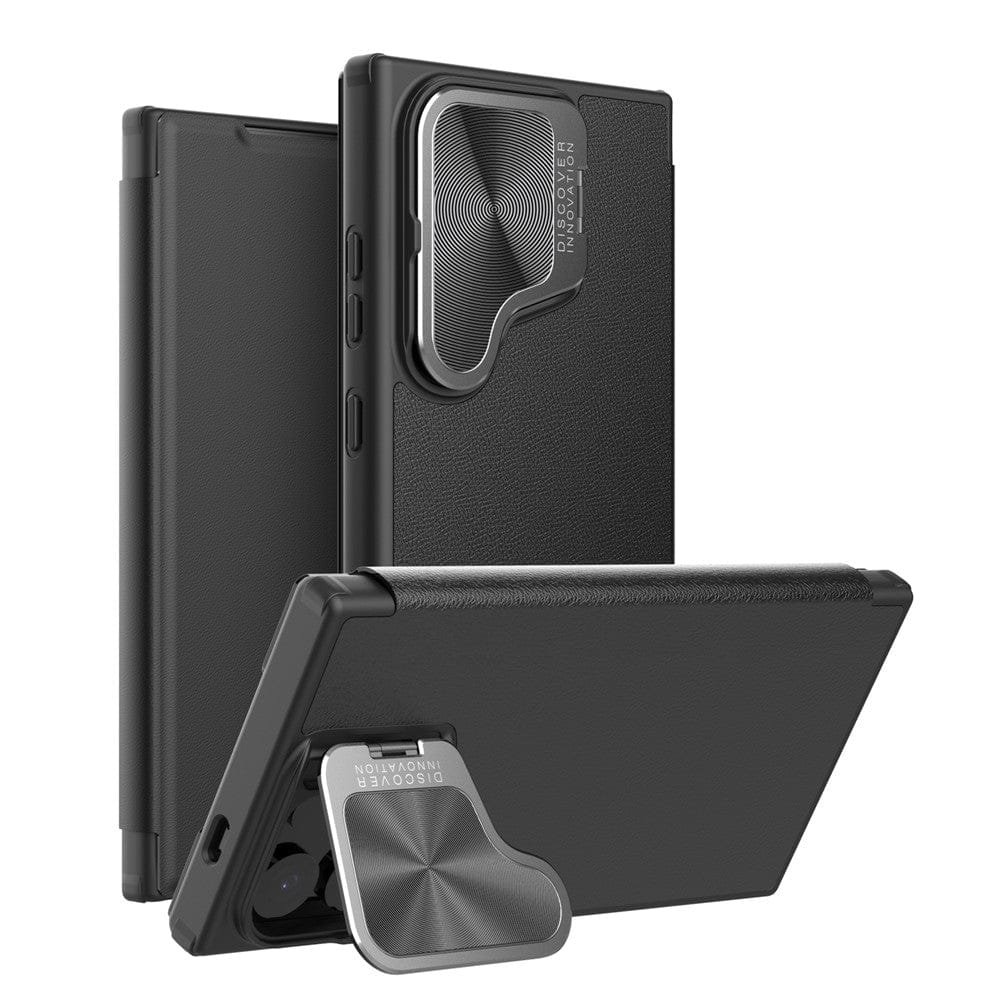 NILLKIN Qin Prop Series for Samsung Galaxy S24 Leather Case Lens Protection Kickstand Phone Cover Litchi Texture Black Samsung Galaxy S24 by The Case Factory