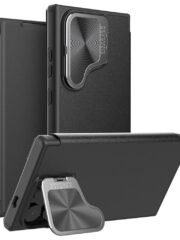 NILLKIN Qin Prop Series for Samsung Galaxy S24 Ultra Leather Case Camera Lid Kickstand Phone Cover Litchi Texture Black Samsung Galaxy S24 Ultra by The Case Factory