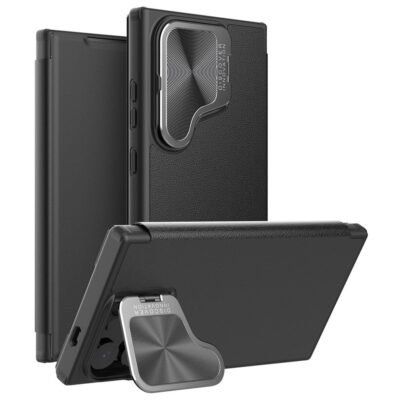 NILLKIN Qin Prop Series for Samsung Galaxy S24 Ultra Leather Case Camera Lid Kickstand Phone Cover Litchi Texture Black Samsung Galaxy S24 Ultra by The Case Factory
