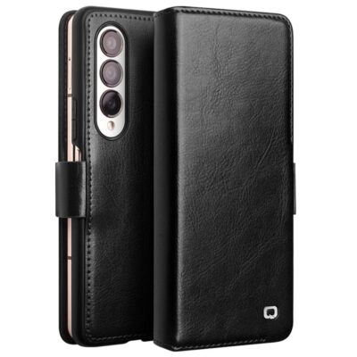 QIALINO For Samsung Galaxy Z Fold4 Wallet Case Waxy Genuine Leather Flip Phone Cover with Magnetic Closure Black Samsung Galaxy Z Fold4 by The Case Factory