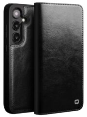 QIALINO For Samsung Galaxy S24 Wallet Case Waxy Genuine Cow Leather Flip Phone Cover Black Samsung Galaxy S24 by The Case Factory