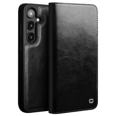 QIALINO For Samsung Galaxy S24 Wallet Case Waxy Genuine Cow Leather Flip Phone Cover Black Samsung Galaxy S24 by The Case Factory