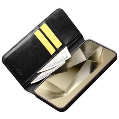QIALINO For Samsung Galaxy S24 Wallet Case Waxy Genuine Cow Leather Flip Phone Cover by The Case Factory