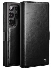 QIALINO For Samsung Galaxy S24 Ultra Wallet Case Waxy Genuine Cow Leather Magnetic Closure Flip Phone Cover Black Samsung Galaxy S24 Ultra by The Case Factory