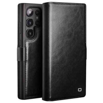QIALINO For Samsung Galaxy S24 Ultra Wallet Case Waxy Genuine Cow Leather Magnetic Closure Flip Phone Cover Black Samsung Galaxy S24 Ultra by The Case Factory