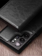 QIALINO For Samsung Galaxy S24 Ultra Wallet Case Waxy Genuine Cow Leather Magnetic Closure Flip Phone Cover by The Case Factory