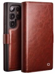 QIALINO For Samsung Galaxy S24 Ultra Wallet Case Waxy Genuine Cow Leather Magnetic Closure Flip Phone Cover Brown Samsung Galaxy S24 Ultra by The Case Factory