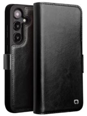 QIALINO For Samsung Galaxy S24 Wallet Case Waxy Genuine Cow Leather Magnetic Closure Flip Phone Cover Black Samsung Galaxy S24 by The Case Factory
