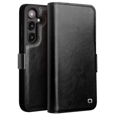 QIALINO For Samsung Galaxy S24 Wallet Case Waxy Genuine Cow Leather Magnetic Closure Flip Phone Cover Black Samsung Galaxy S24 by The Case Factory