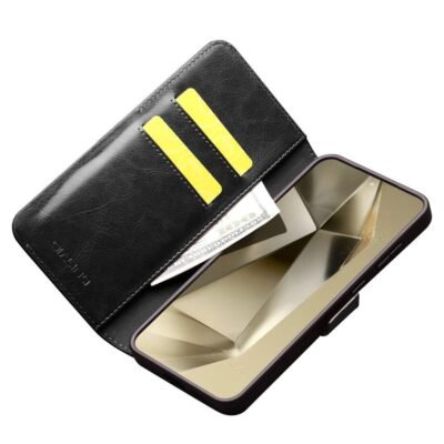 QIALINO For Samsung Galaxy S24 Wallet Case Waxy Genuine Cow Leather Magnetic Closure Flip Phone Cover by The Case Factory