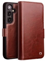 QIALINO For Samsung Galaxy S24 Wallet Case Waxy Genuine Cow Leather Magnetic Closure Flip Phone Cover Brown Samsung Galaxy S24 by The Case Factory